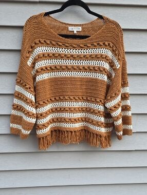 Lou& Grey BOHO Striped Fringe Knit Sweater - Camel and Cream NWot